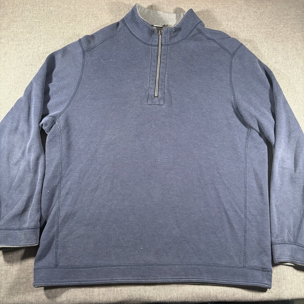 Tommy Bahama Quarter Zip Pullover Mens XL Blue Grey Reversible Cotton Tencel
